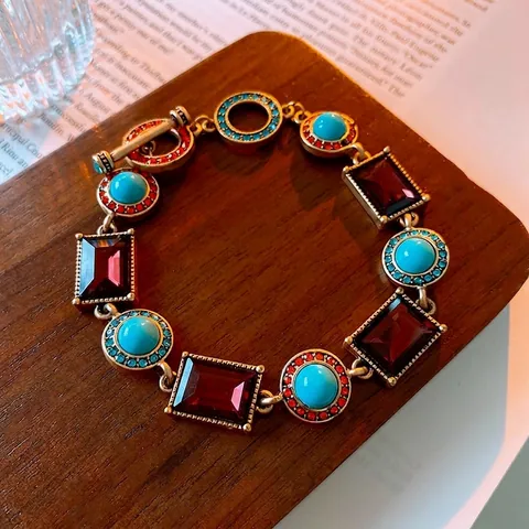 Set Di Gioielli Vintage Bohémien Da Donna Bracciale In Lega E Orecchini Con Perno In Argento Turchese E Strass Rossi