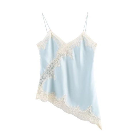 Damen Satin Camisole Spitzenbesatz V Ausschnitt Asymmetrischer Saum Sexy Spaghettiträger Lingerie Stil Top Mode Streetwear