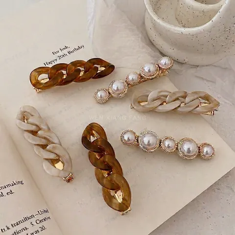 Mollette Per Capelli Eleganti Fermagli Laterali Resina Acrilica Maglia Catena Perla Artificial Sintetica Stile Coreano Ins Accessori Donna