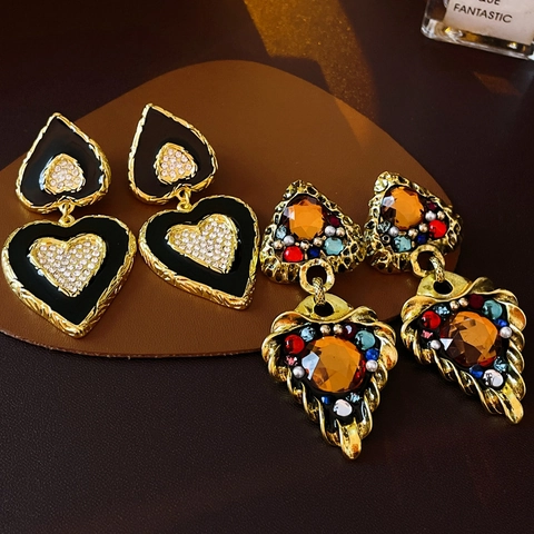 Orecchini Pendenti Vintage Cuore Triangolo Con Perno In Argento Lega Strass Smalto Gioielli Da Donna