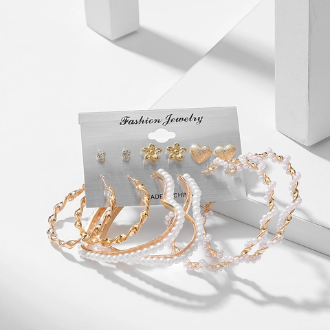 Fashion Heart Geometric Hoop Stud Earrings With Imitation Artificial Pearl Rhinestone And Stainless Steel Earring Post For Women