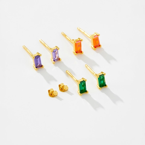 S925 Sterling Silver Rectangle Zirconia Stud Earrings Gold Plated Lacquered Geometric Minimalist Daily Jewelry For Women