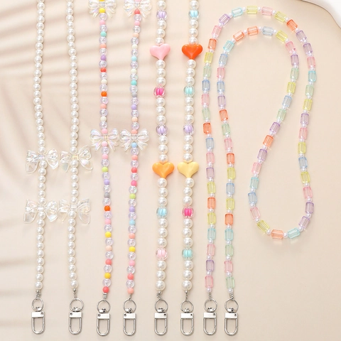 Handmade Beaded Acrylic Phone Lanyard Crossbody Bag Strap With Bow Heart Pattern For Women Multicolor Artificial Pearl Phone Chain