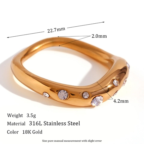 Anillo de Onda Irregular de Acero Inoxidable Bañado en Oro 18K para Mujer Joyería de Declaración Minimalista con Strass