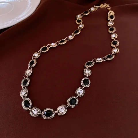 Vintage Barock Halskette Armband Ohrringe Schwarzer Ovaler Stein Zirkon Goldlegierung Silver Earring Post Retro Für Damen