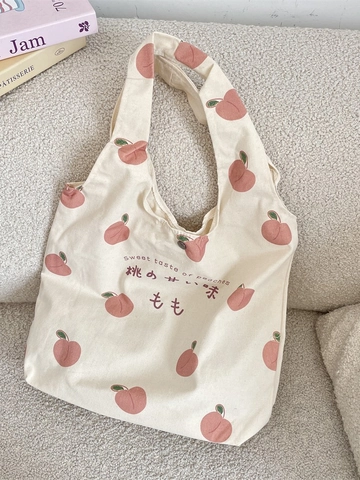 Borsa Tote In Tela Con Stampa Pesca Rosa Stile Coreano Borsa A Spalla Per Studenti Con Tasca Interna