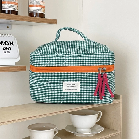 Borsa Per Cosmetici In Cotone Trapuntato A Quadretti Pochette Da Toilette Portatile Con Cerniera A Contrasto E Manico