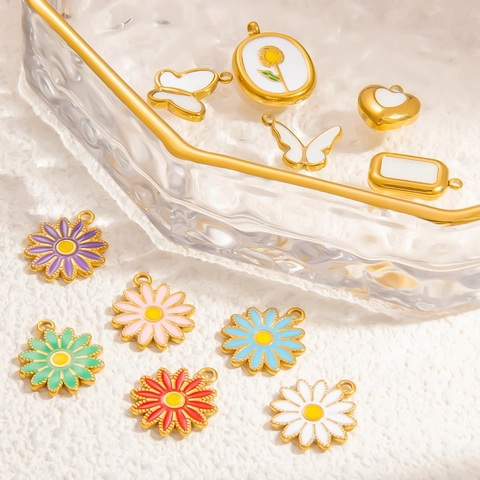 Dijes De Margarita Mariposa Corazón Acero Inoxidable Esmalte Goteo Aceite Chapado En Oro Colgantes Para Joyería DIY