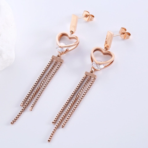 Pendientes Borla De Acero Inoxidable Corazón Hueco Circón Incrustado Cadena Larga Joyería Elegante Para Mujer