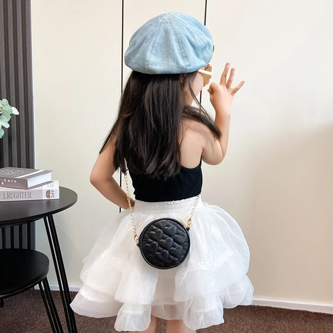 Girls Mini Round Shoulder Bag Heart Quilted PU Leather Gold Chain Crossbody Handbag Fashion Accessories
