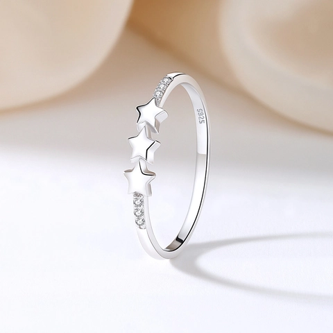 Anello in Argento Sterling 925 Con Tripla Stella per Donna Intarsiato in Strass Anello di Moda Color Oro Bianco Gioielli