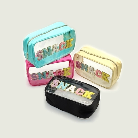 Transparent PVC Makeup Bag Waterproof Large Capacity Travel Toiletry Pouch With SNACK Chenille Embroidery Letters