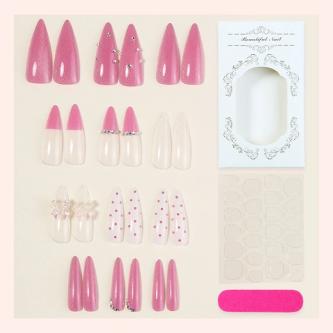 Stiletto Press On Nails Long Pink French White Polka Dots Rhinestone Bow Glitter Plastic Artificial Fingernails