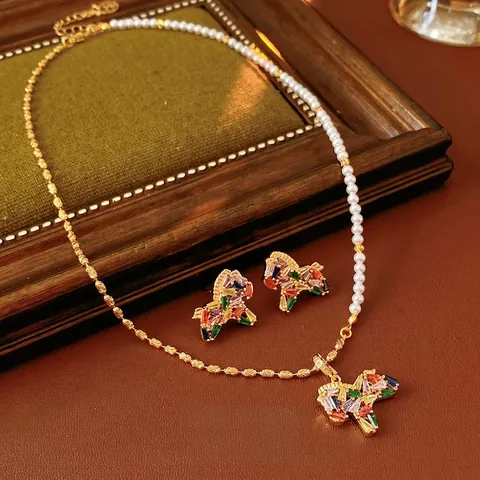 Vintage Horse Copper Zircon Colorful Animal Necklace And Earrings With Silver Earring Post For Women Luxury Jewelry