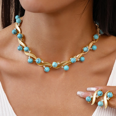 Vintage Palace Turquoise Rhinestone Necklace And Earrings Jewelry Alloy Geometric Round Fashion For Women