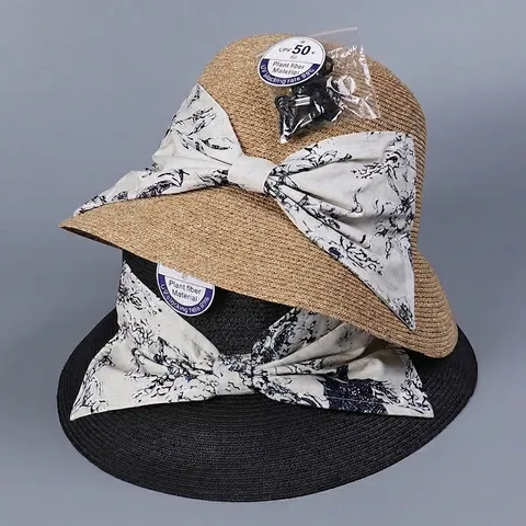 Women Elegant Paper Straw Bucket Hat Wide Brim Foldable UPF 50 Plus Sun Protection Summer Holiday Hat With Bow