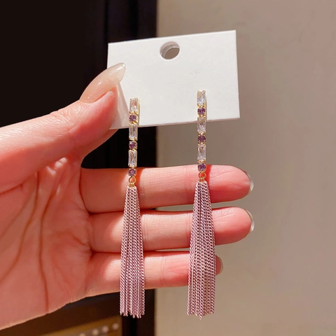 Elegant Long Tassel Chain Earrings With Zircon And 925 Sterling Silver Earring Post For Women Fashion Jewelry