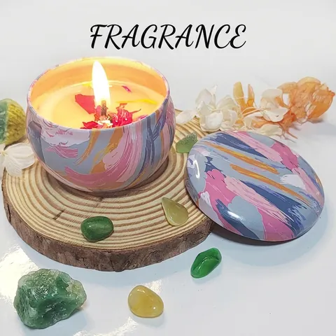 Scented Candle Soy Wax Tin Jar With Dried Flower Petals For Home Fragrance Bohemian Mandala Pattern Artistic Gift