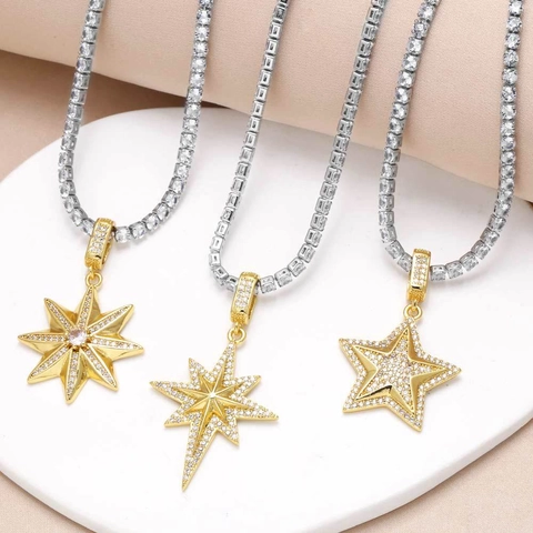 Moda Collana Con Ciondolo a Stella in Rame Placcato Oro per Donna Con Zirconia Intarsiata Catena Tennis Argento Gioielli