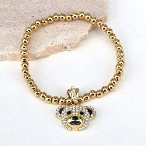 Bracelet Pendentif Ours Doux Avec Künstliche Perles En Cuivre Plaqué Or Et Künstliche Perles Bijoux De Mode Élastiques Pour Femmes