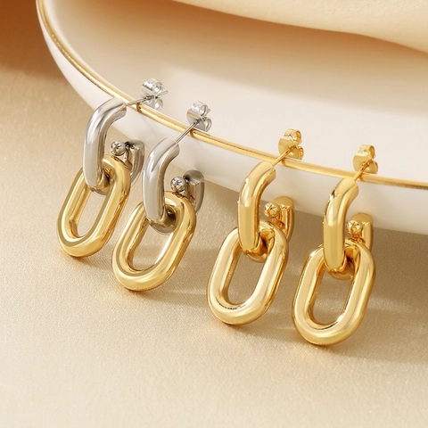 Boucles D'Oreilles Double Anneaux Entrelacés En Acier Inoxydable Plaquées Or Géométriques À Maillons Pour Femmes