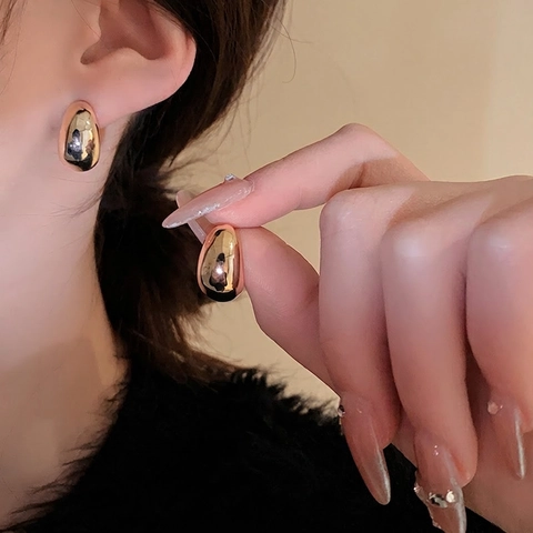Pendientes De Botón Con Forma De Frijol Con Poste De Plata Joyería Metálica Pulida Espejo Minimalista
