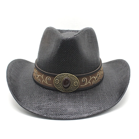 Retro Western Cowboy Hat Paper Straw Wide Brim Sun Protection Breathable Ethnic Embroidery Metal Buckle Gemstone Summer Travel Beach