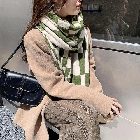 Damen Winter Gestrickter Schachbrettmuster Schal Dick Weich Karo Warm Lange Schal Wrap Koreanischen Stil Täglich Mode Accessoires