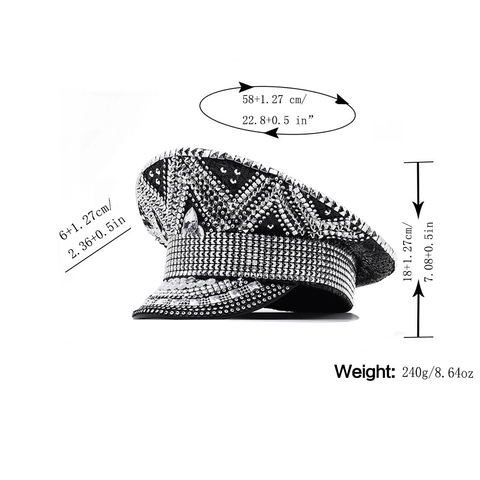 Sombrero De Capitán Negro Lentejuelas Diamantes De Imitación Tachonado Militar Oficial Rendimiento Sombrero Para Fiesta Festival Estilo Punk