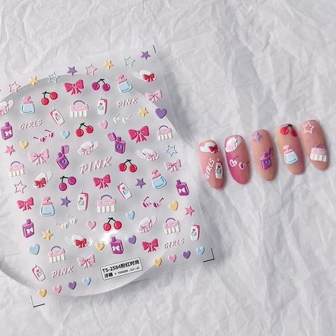 5D Stereoscopic Embossed Nail Art Stickers Pink Fashion Bow Heart Star Pattern Adhesive Manicure Decals For Women Girls