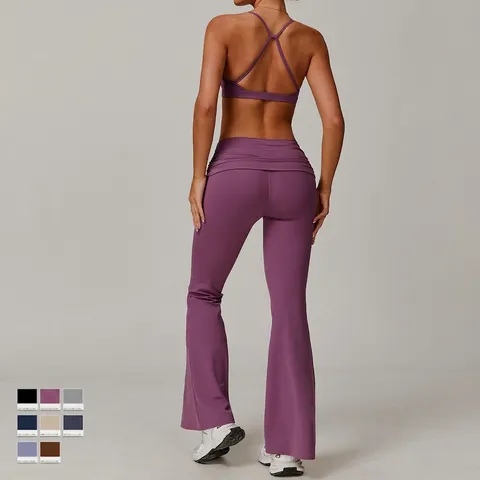 Pantaloni Yoga Zampa Donna Vita Alta Fascia Arricciata Leggings Svasati Nylon Spandex Asciugatura Rapida Palestra Sport