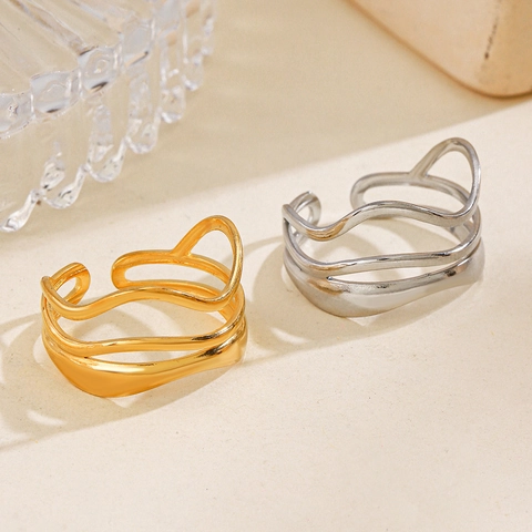Triple Layer Wave Open Ring Stainless Steel 18K Gold Plated Adjustable Wavy Line Geometric Minimalist Jewelry Women