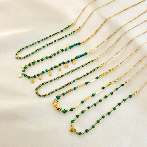 Collana di Perline di Malachite in Acciaio Inossidabile Vintage Francese per Donna Pendente a Cuore Stella Placcato Oro 18K Gioielli