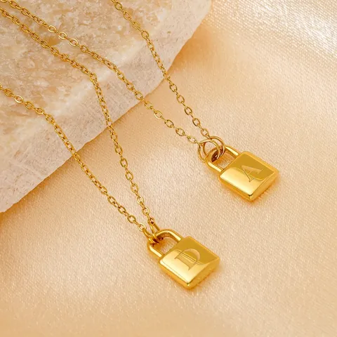Padlock Initial Letter Necklace 18K Gold Plated Stainless Steel Minimalist Square Lock Pendant Jewelry For Women