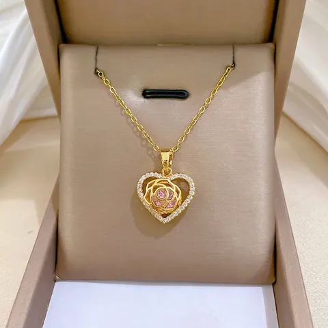 Hart Roos Hanger Ketting Met Roestvrijstalen Ketting Koper Zirkoon Ingelegd Elegante Sieraden Voor Dames