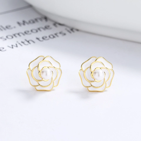 Eleganti Orecchini a Bottone con Fiore di Camelia Vintage Francese Perno in Argento Sterling 925 Con Perla Artificiale Gioielli Donna