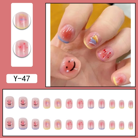 Press On Nägel Smiley Gesicht Blush Pink Kurz Rund Falsche Nagelspitzen Bunt Süß DIY Maniküre Für Frauen Mädchen