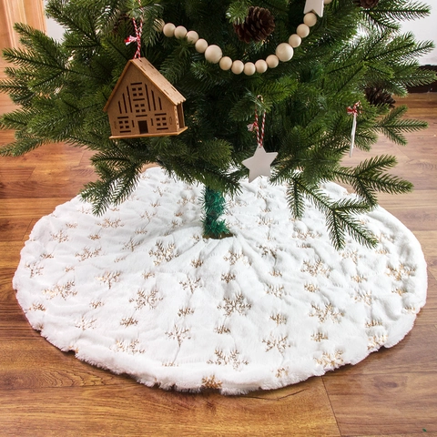 Christmas Tree Skirt White Plush Faux Fur Sequin Snowflake Embroidery Holiday Party Decoration Indoor Home Ornament