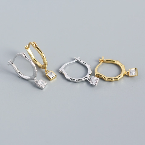 925 Sterling Zilveren Hoop Oorbellen Met Vierkante Zirkonia Hanger Onregelmatige Textuur Geometrische Vintage Sieraden Voor Dames