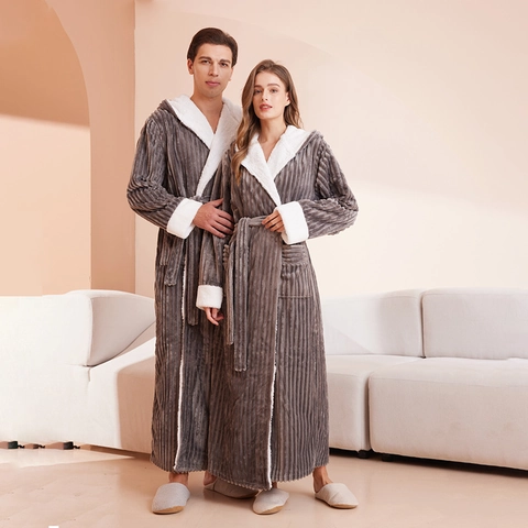 Long Hooded Bathrobe Flannel Striped Warm Sleepwear Plush Trim Belted Casual Home Robe For Men And Women