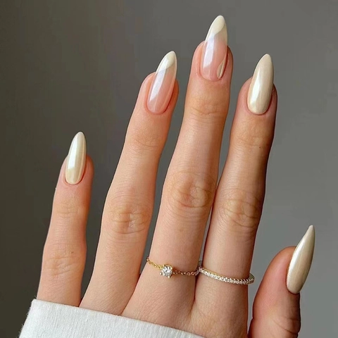 Uñas Postizas Forma De Almendra Larga Brillo Perla Artificial Aurora Patrón De Ondas Uñas Elegantes Brillantes