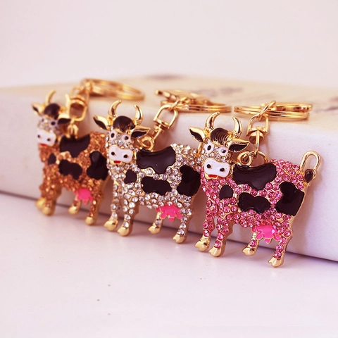 Rhinestone Cow Keychain Zinc Alloy Sparkling Enamel Animal Bag Pendant Decorative Accessory For Women Girls