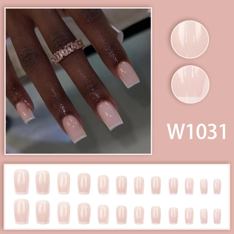 French Tip Press On Nails Square Nude Pink White Edge Glossy Resin False Nails DIY Manicure Women