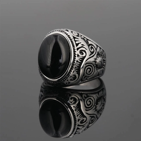 Vintage Men Stainless Steel Ring With Oval Gemstone Retro Engraved Floral Pattern Punk Ethnic Style Fashion Jewelry