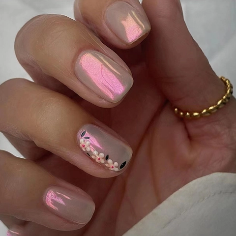 Künstliche Fingernägel Zum Aufdrücken ABS Aurora Pink Weiß Blumig Mittel Lang Quadratisch Für Frauen Süßer Stil