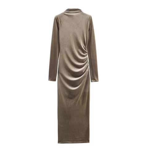 Vestito Maxi In Velluto A Collo Alto Arricciato Manica Lunga Spalline Bodycon Elegante Serata