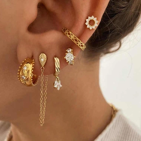 Funkelnde AAA Zirkon Messing Ohrringe Für Damen Vergoldet Huggie Hoops Ohrmanschetten Stern Anhänger Modeschmuck Eleganter Stil