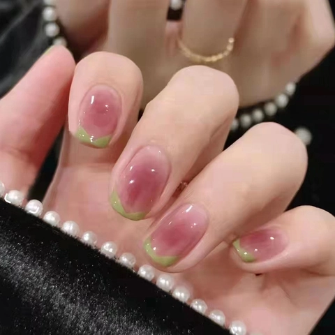 Press On Nails Pink Green Gradient French Tip Round Head Short Glossy Fake Nails Removable Manicure For Women