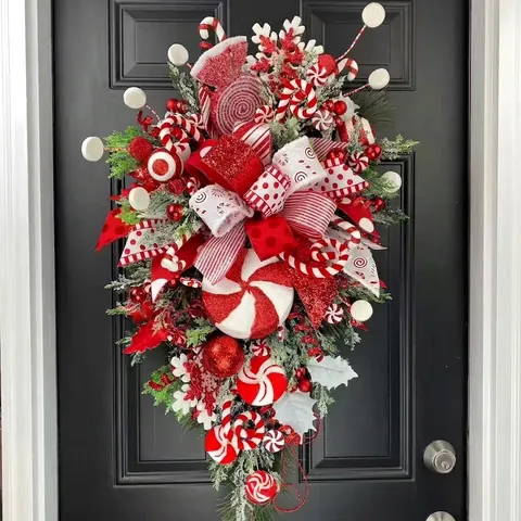 Guirnalda Navideña De Lágrima Tema De Dulces Lazo Rojo Blanco Aguja De Pino Bayas Decoración De Puerta Pared Festiva
