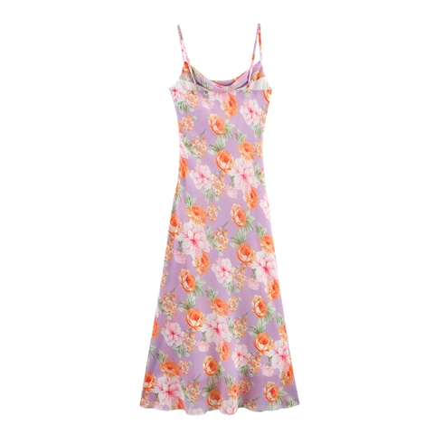 Blumenprint Cowl Neck Spaghettiträger Maxikleid Rückenfrei Satin Ärmellos Slim Fit Elegant Lila Langes Kleid Damen